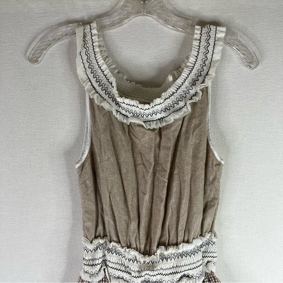 Esley Dress Womens Tan White Linen Cotton Daisy Embroidered Cottage Core Prairie - Picture 3 of 12